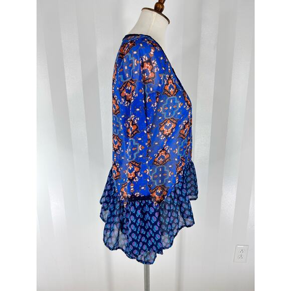 RED CAMEL Women’s Blue & Orange Pattern Sheer Top Sz M - Picture 2 of 9